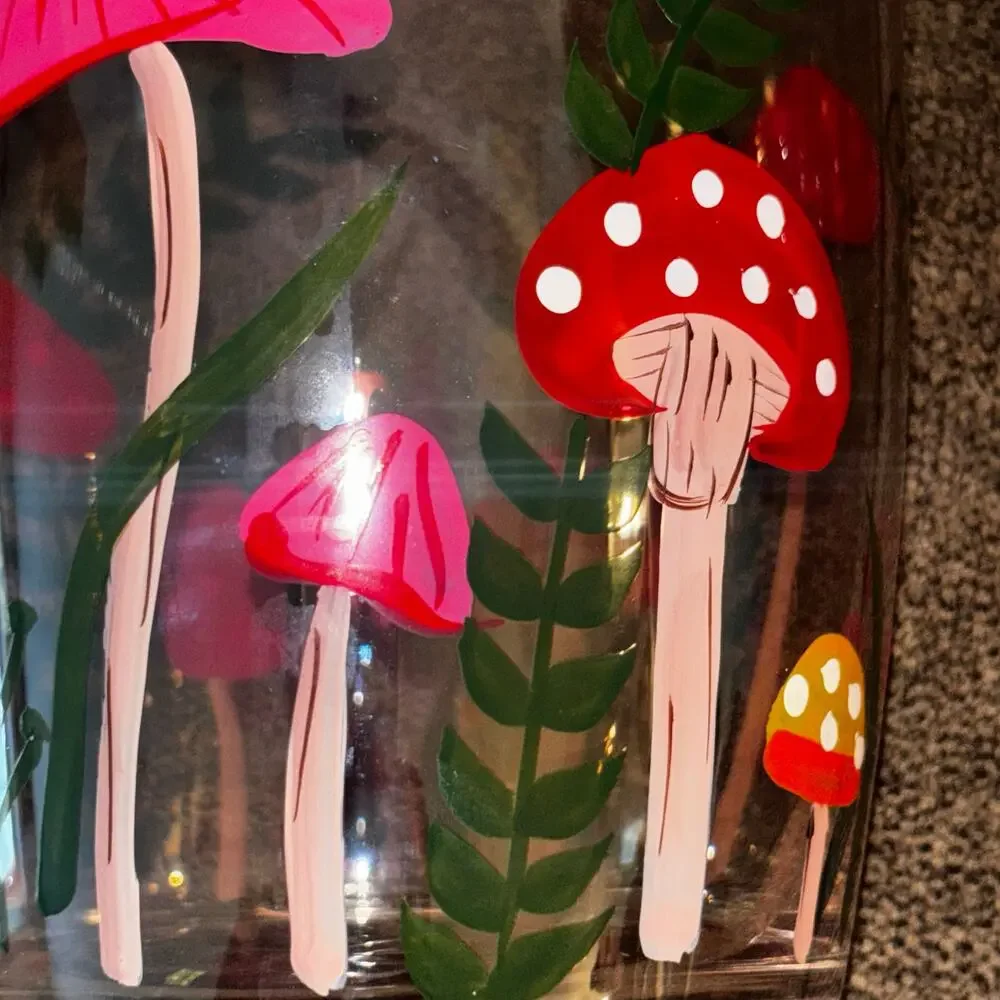 Polka Dot Mushroom Theme Glass Carafe & Matching Glass Hand-painted Boho Retro